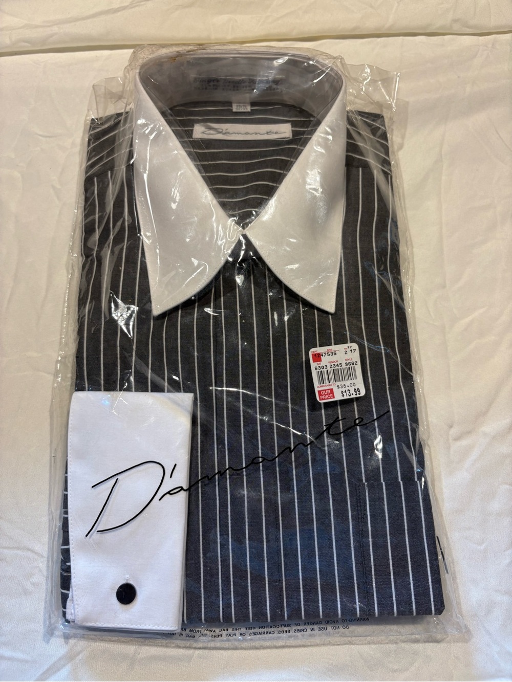 D'amante Black Pinstripe Dress Shirt with White Contrast Collar & Cuffs